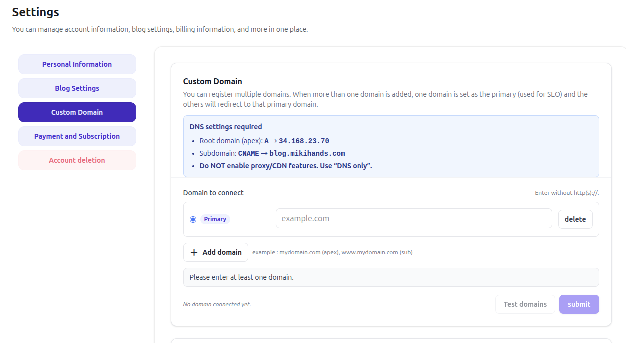 Custom domain settings screen